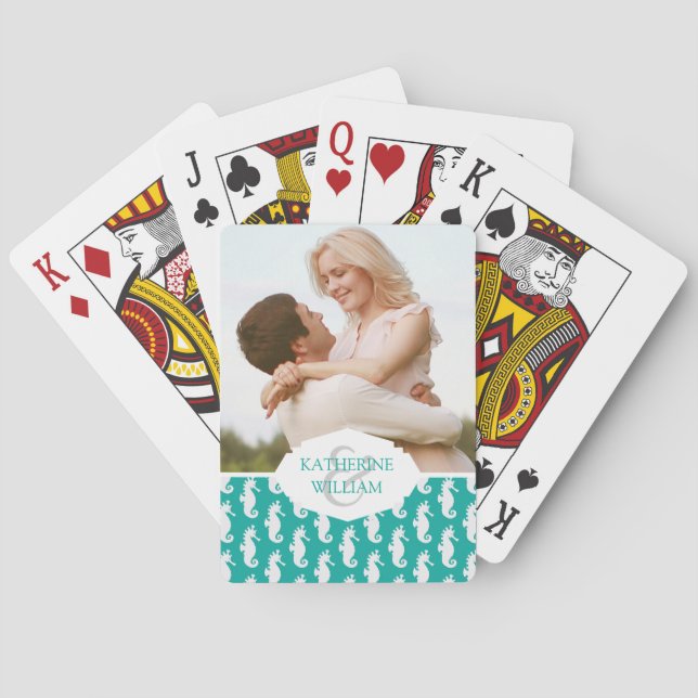 Add Your Name | Teal Seahorse Pattern Poker Cards (Back)