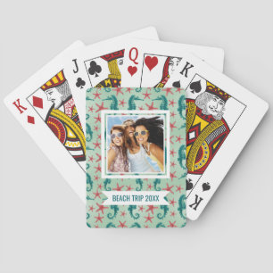 Add Your Name   Teal Seahorse Pattern Poker Cards