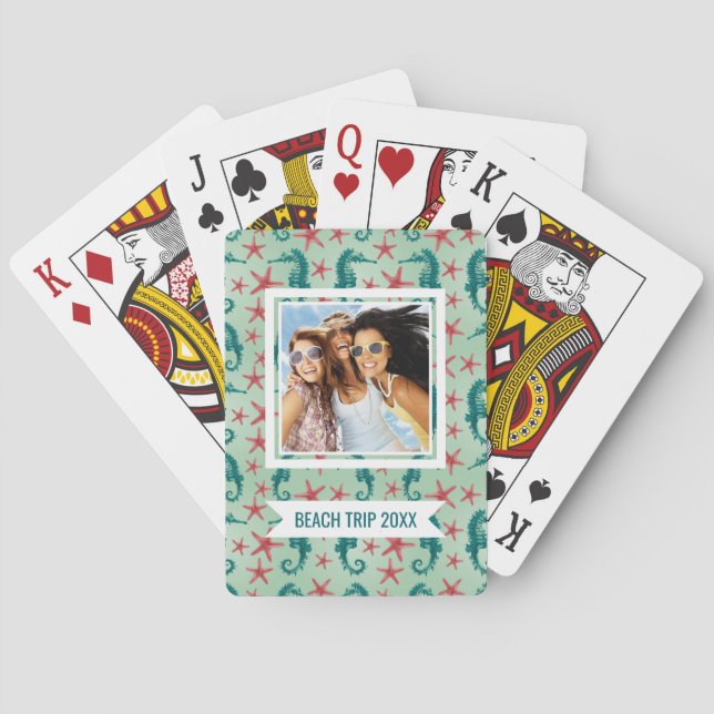 Add Your Name | Teal Seahorse Pattern Poker Cards (Back)
