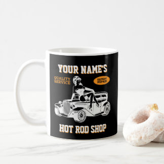 Add Your Name Text Hot Rod Shop Garage with Lady Coffee Mug