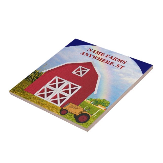 Add Your Name to Red Barn with Blue Sky Ceramic Tile (Side)