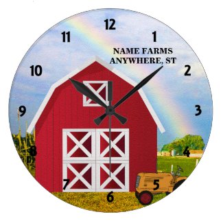 Add Your Name to Red Barn with Blue Sky Large Clock