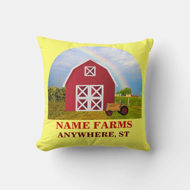 Add Your Name to Red Barn with Blue Sky Throw Pillow (Front)