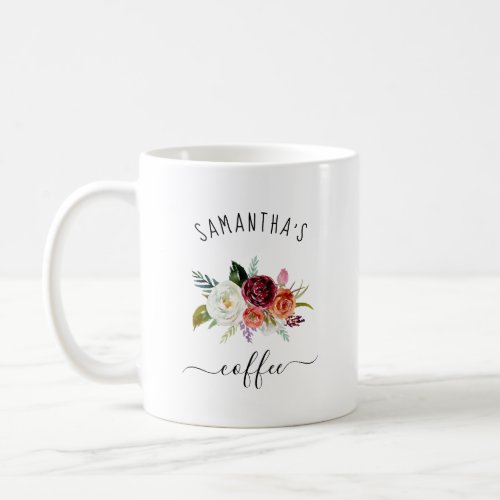 Add Your Name  Trendy Burgundy Boho Floral Coffee Mug