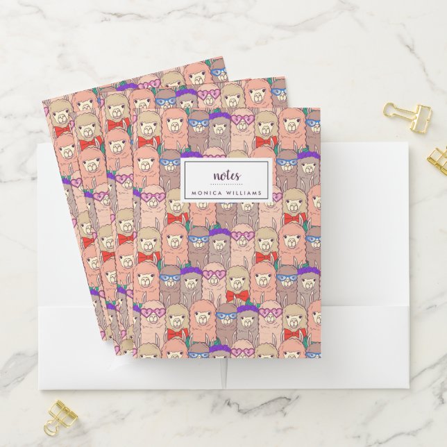 Add Your Name | Trendy Dressed Llama Pattern Pocket Folder (In Situ)