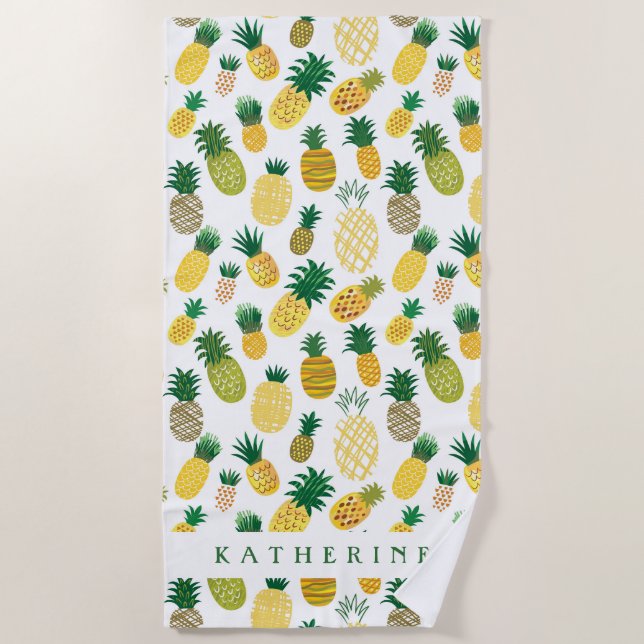 Add Your Name | Trendy Pineapple Pattern Beach Towel (Front)