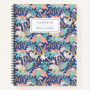 Add Your Name   Tropical Blue Sloth Pattern Notebook