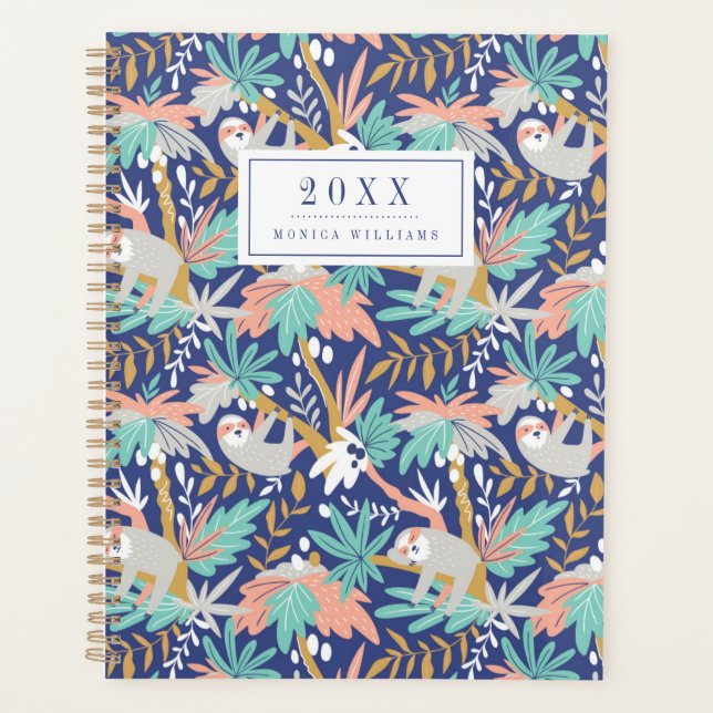 Add Your Name | Tropical Blue Sloth Pattern Planner (Front)