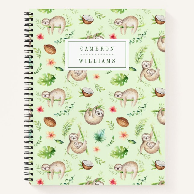 Add Your Name | Tropical Coconut Sloth Pattern Notebook (Front)