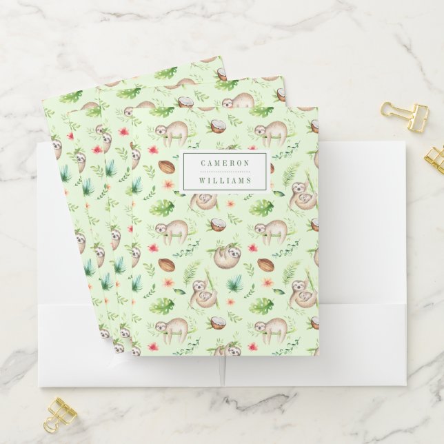 Add Your Name | Tropical Coconut Sloth Pattern Pocket Folder (In Situ)