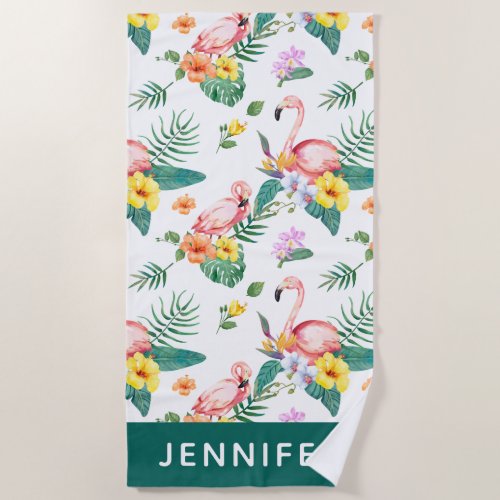 Add Your Name  Tropical Flamingo Pattern Beach Towel