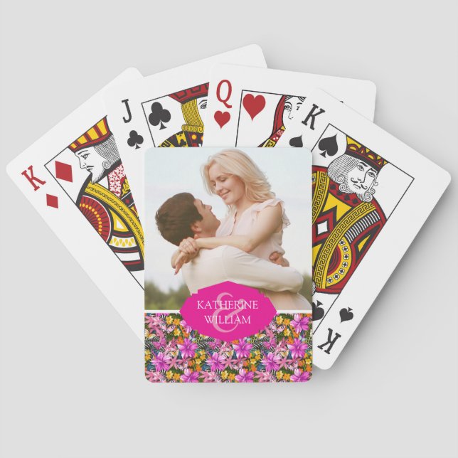 Add Your Name | Tropical leaves and flowers Poker Cards (Back)