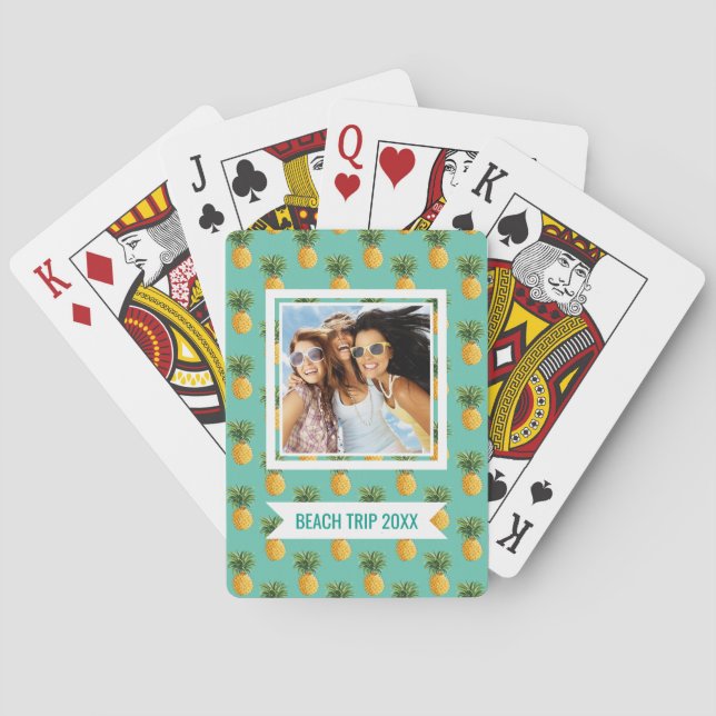 Add Your Name | Tropical Pineapples On Teal Poker Cards (Back)