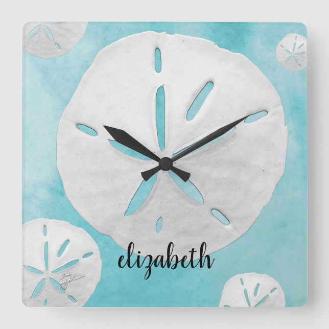 Add Your Name Tropical Sand Dollar Turquoise Square Wall Clock (Front)