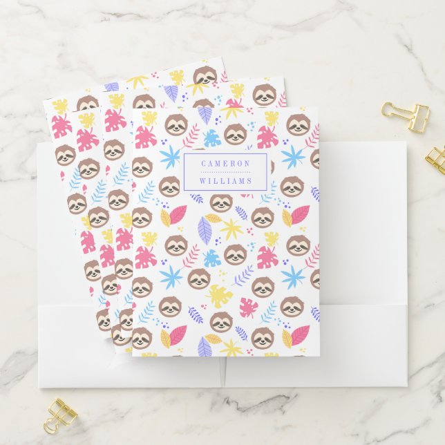 Add Your Name | Tropical Sloth & Leaves Pattern Pocket Folder (In Situ)