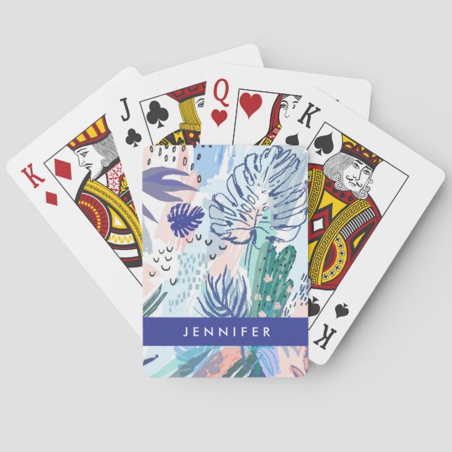 Add Your Name | Tropical Style Floral Pattern Poker Cards (Back)