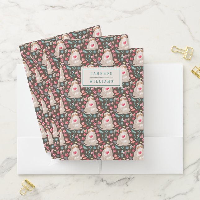 Add Your Name | Valentine Sloth Pattern Pocket Folder (In Situ)