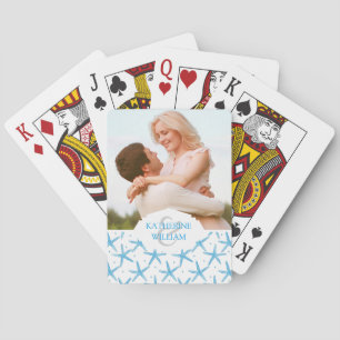 Add Your Name Watercolor Blue Sea Stars Pattern Poker Cards