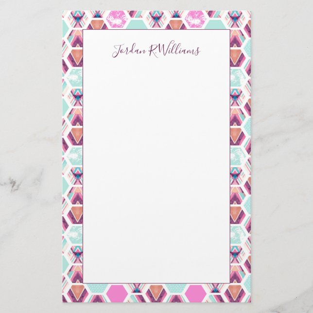 Add Your Name | Watercolor Hexagon Pattern Stationery (Front)