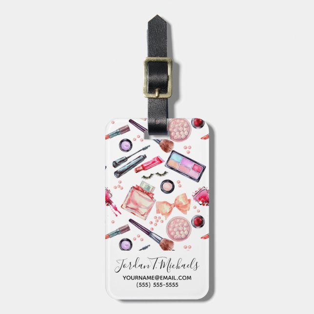 Add Your Name | Watercolor Makeup Pattern Luggage Tag (Front Vertical)