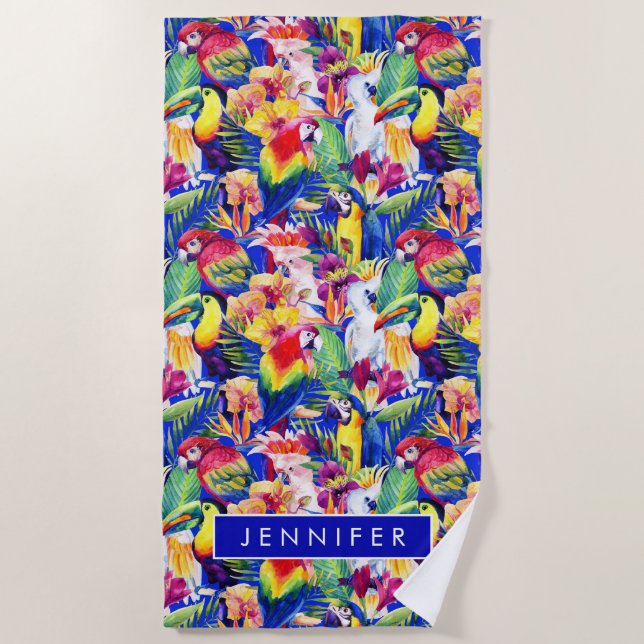 Add Your Name | Watercolor Parrots Beach Towel (Front)