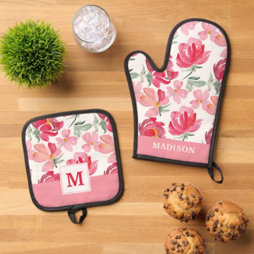 Add Your Name  Watercolor Peony Pattern Oven Mitt  Pot Holder Set