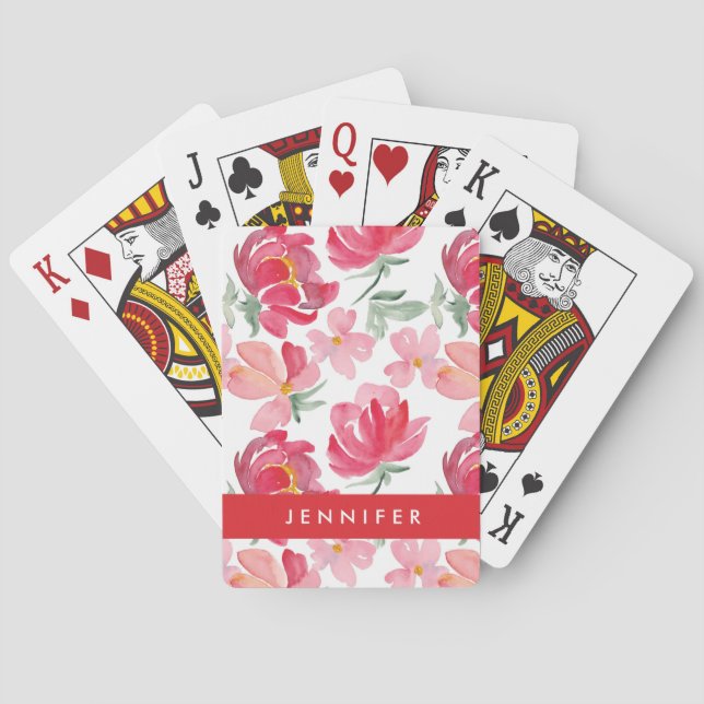 Add Your Name | Watercolor Peony Pattern Poker Cards (Back)
