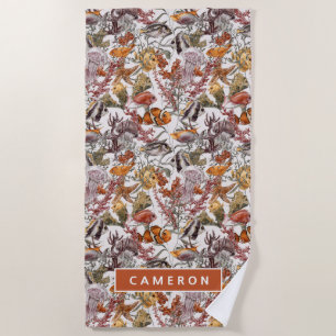 Add Your Name Watercolor Sea Life Pattern Beach Towel