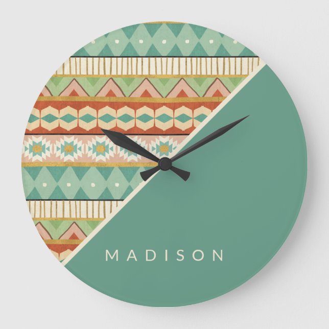 Add Your Name | Watercolor Tribal Pattern Large Clock (Front)