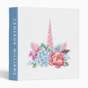 Add Your Name Watercolor Unicorn Floral Crown 3 Ring Binder
