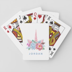 Add Your Name   Watercolor Unicorn Floral Crown Playing Cards