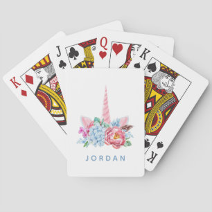 Add Your Name Watercolor Unicorn Floral Crown Poker Cards