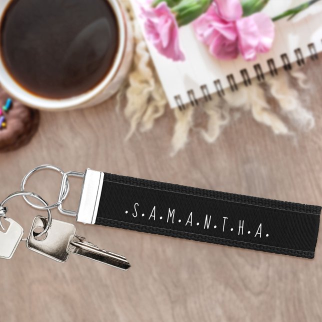 Add Your Name Whimsical Typography Black and White Wrist Keychain (Creator Uploaded)