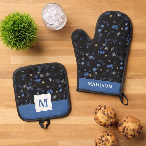 Add Your Name  Wind Blown Floral Pattern Oven Mitt  Pot Holder Set