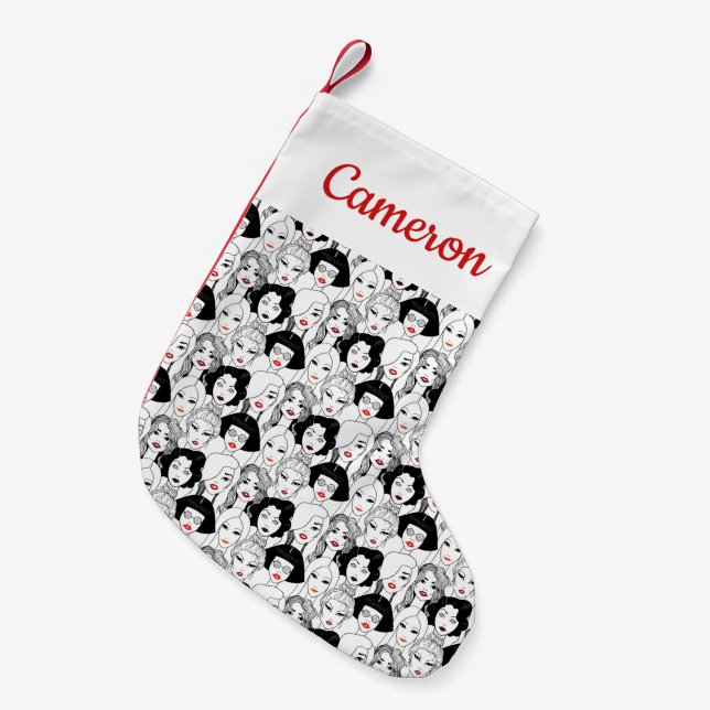 Add Your Name | Women With Lipstick Pattern Small Christmas Stocking (Front (Hanging))