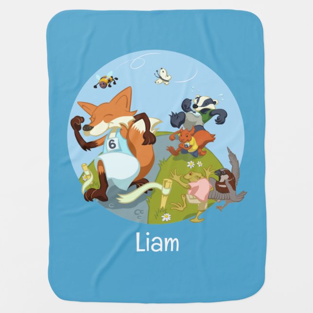 Add Your Name Woodland Animal Runners Fox & Badger Baby Blanket (Front)