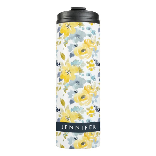 Add Your Name | Yellow & Blue Watercolor Pattern Thermal Tumbler (Front)