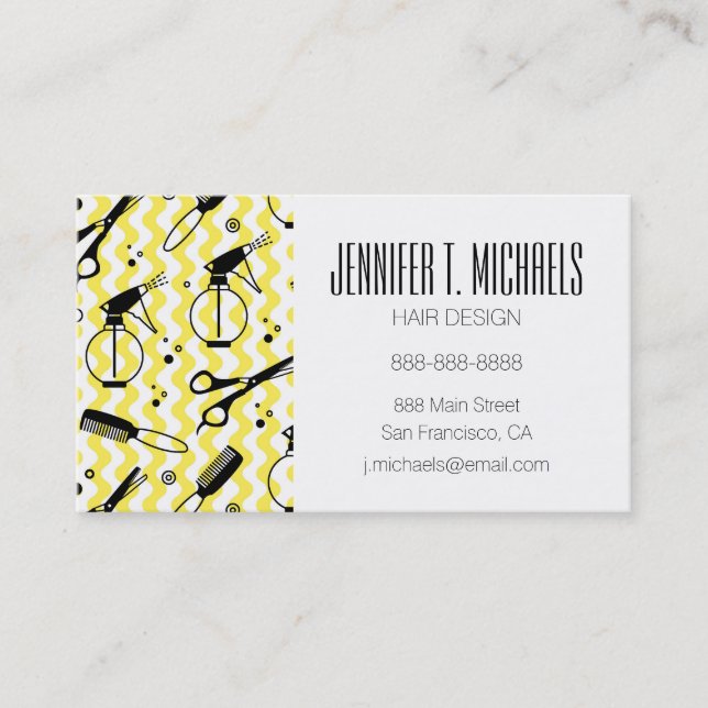Add Your Name | Yellow Hairdresser Tool Pattern Business Card (Front)