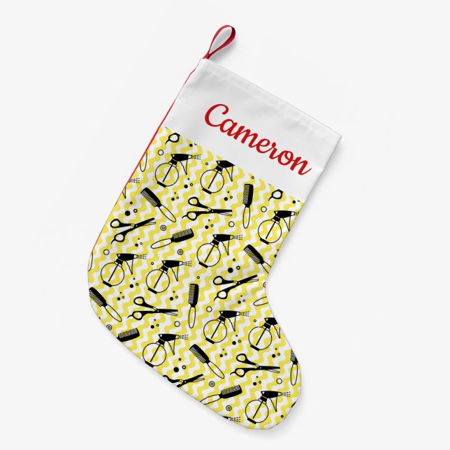 Add Your Name | Yellow Hairdresser Tool Pattern Small Christmas Stocking (Front (Hanging))