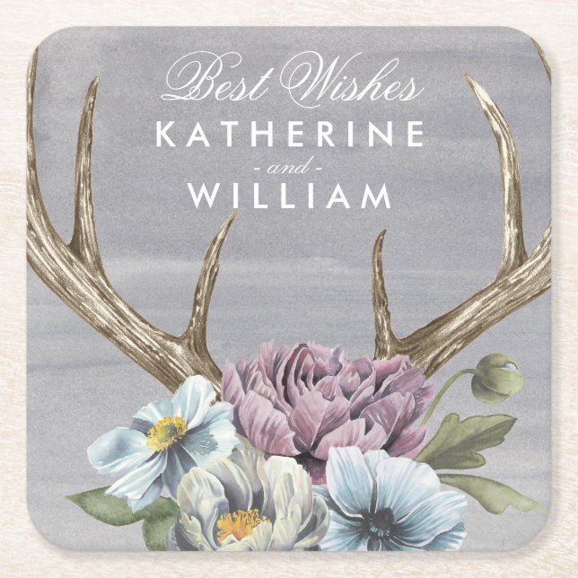 Add Your Names | Floral Deer Antlers Square Paper Coaster (Front)
