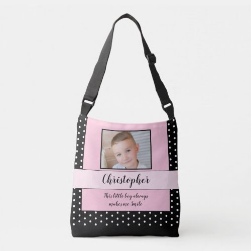 Add your own 2 photos black pink polka dots crossbody bag