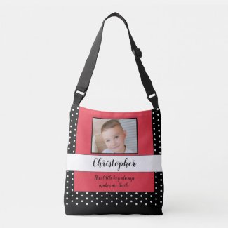 Add your own 2 photos black red polka dots crossbody bag