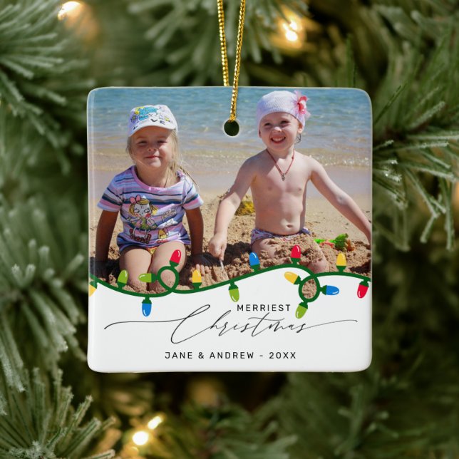 Add Your Own 2 Photos Festive Lights Custom Xmas Ceramic Ornament (Tree)