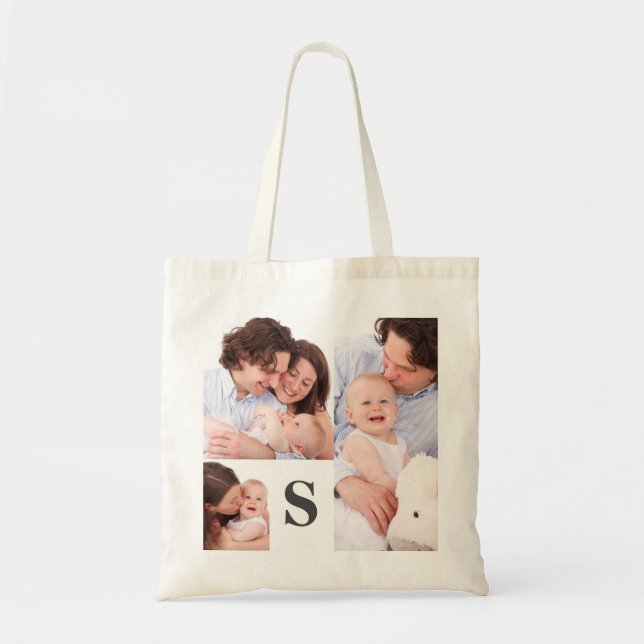 Add Your Own 3 Photo Collage Monogrammed Pearl Tote Bag (Front)