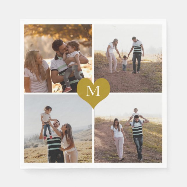 Add Your Own 4 Family Photo Gold Heart Monogrammed Napkins (Front)