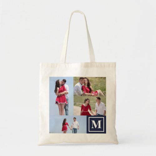 Add Your Own 4 Photo Collage  Custom Monogram Blue Tote Bag