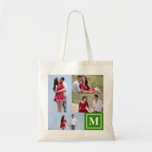 Add Your Own 4 Photo Collage Custom Monogram Green Tote Bag