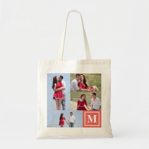 Add Your Own 4 Photo Collage  Custom Monogram Pink Tote Bag
