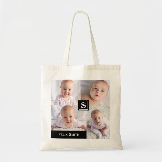 Add Your Own 4 Photo Collage Personalized Monogram Tote Bag (Front)