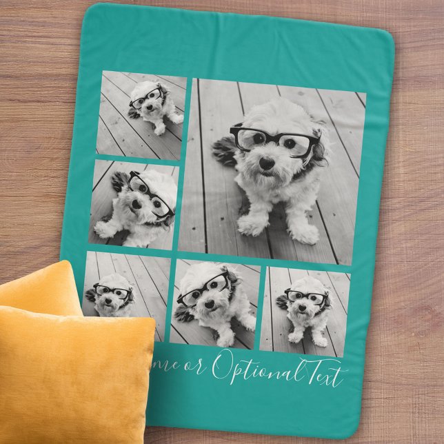 Add Your Own 6 Photos Collage -- CAN edit blue Sherpa Blanket (Personalized sherpa blanket with photos and text)